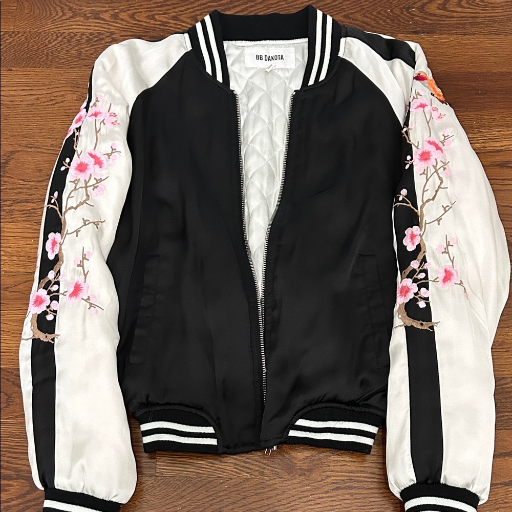BB Dakota Black and White Bomber Jacket with Pink Floral Design